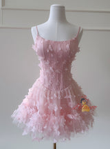 Pink Tulle Butterfly Straps Prom Dress
