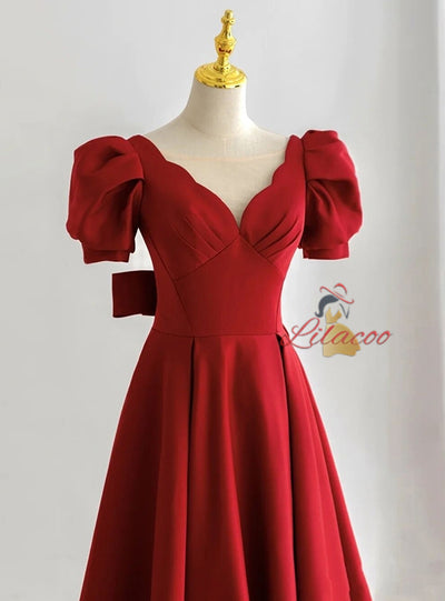 Burgundy Puff Sleeve Pleats Prom Dress