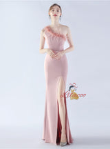 Mermaid One Shoulder Feather Split Prom Dress