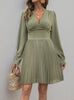 Retro V-neck Long Sleeve Pleated Dress