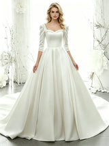 White Satin Short Sleeve Beading Wedding Dress
