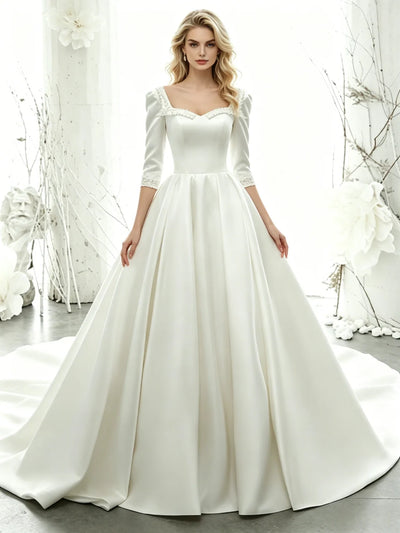 White Satin Short Sleeve Beading Wedding Dress