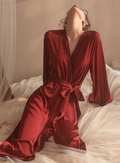 Satin Lace Long Robe Sexy Pajamas
