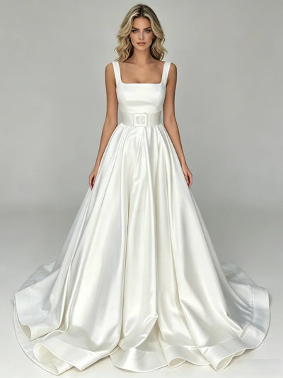 White Satin Straps Wedding Dress