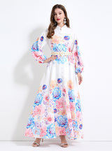 Slim Lantern Sleeve Button Printed Dress