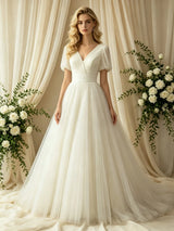 Ivory Tulle V-neck Puff Sleeve Wedding Dress