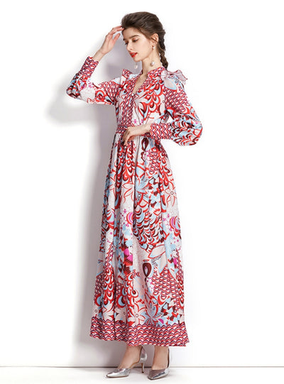 V-neck Retro Palace Style Long Sleeve Printed Dress