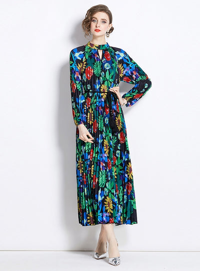 Printed Pleated Fringed Belt Dress