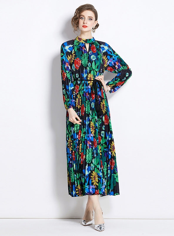 Printed Pleated Fringed Belt Dress