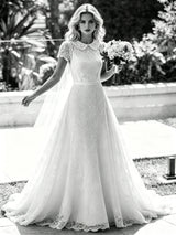 White Lace Short Sleeve Wedding Dress
