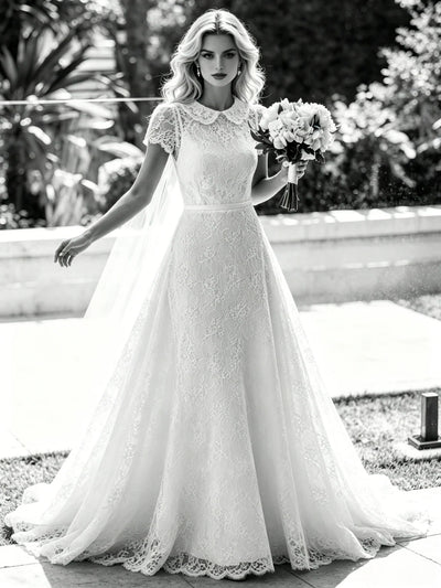 White Lace Short Sleeve Wedding Dress