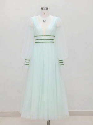 Sexy V-neck Gauze Lantern Sleeve Dress