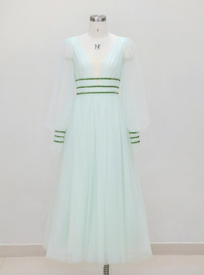 Sexy V-neck Gauze Lantern Sleeve Dress