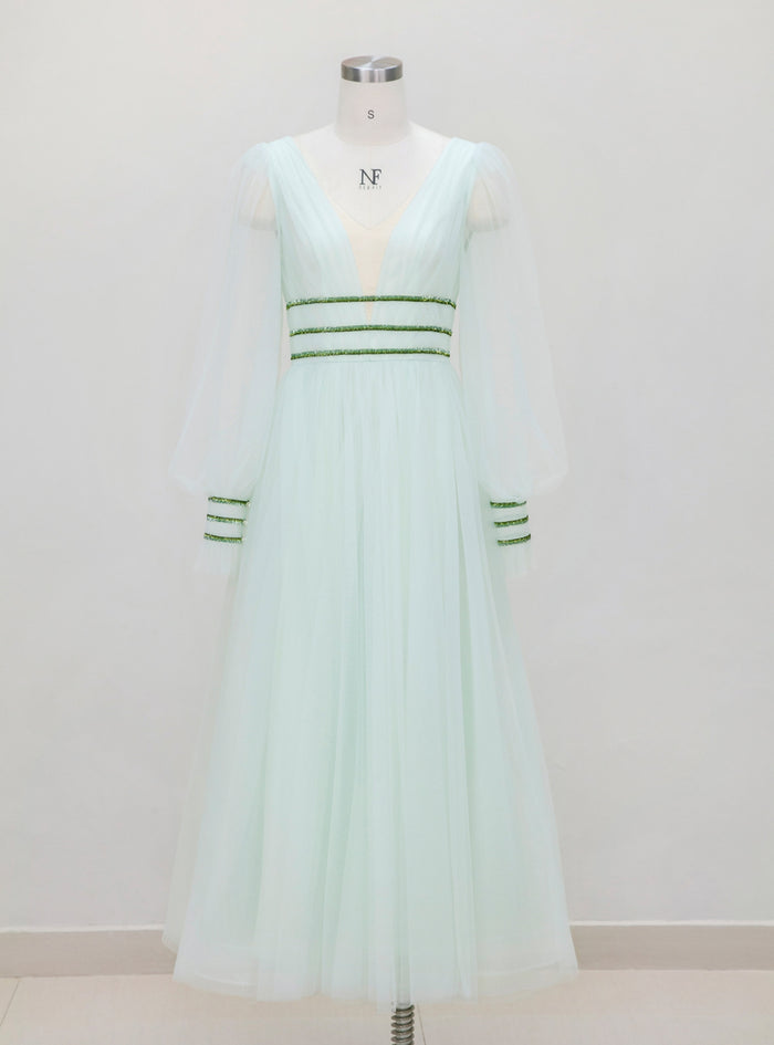 Sexy V-neck Gauze Lantern Sleeve Dress