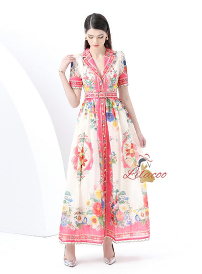 V-neck Short Sleeve Print Party Dress