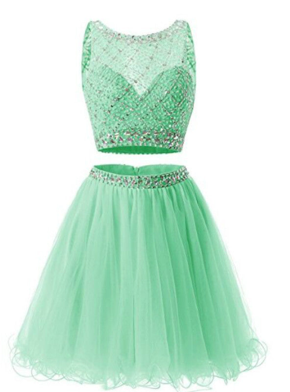 Green Tulle Two Piece Beading Homecoming Dress