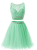 Green Tulle Two Piece Beading Homecoming Dress