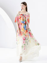 Irregular Diagonal Shoulder Chiffon Floral Dress