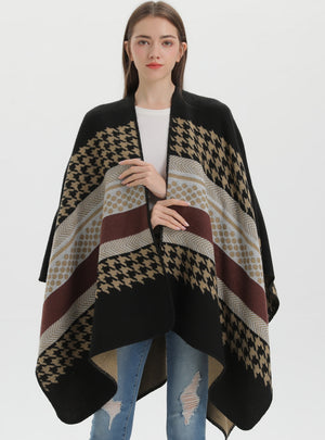 Retro Cashmere Striped Houndstooth Cloak Scarf