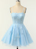 Blue Tulle Spaghetti Straps Homecoming Dress