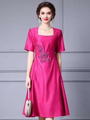 Fuchsia Satin Short Sleeve Mother Of The Bride Dress