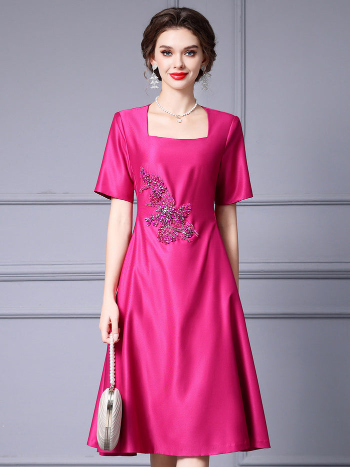 Fuchsia Satin Short Sleeve Mother Of The Bride Dress