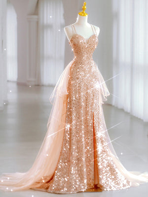 Gold Sequins Straps Split Prom Dress