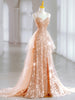 Gold Sequins Straps Split Prom Dress
