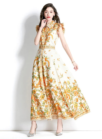 Retro Palace Lotus Leaf Sleeve Printed Dress
