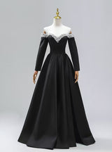 Black Satin Long Sleeve Pearls Off the Shoulder Prom Dress