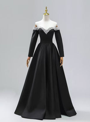 Black Satin Long Sleeve Pearls Off the Shoulder Prom Dress