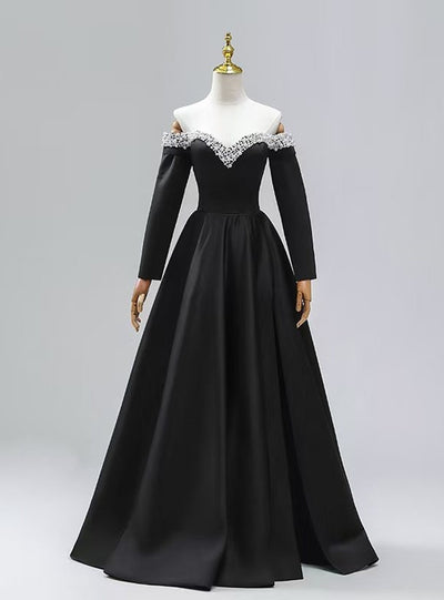 Black Satin Long Sleeve Pearls Off the Shoulder Prom Dress