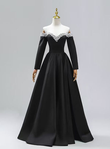 Black Satin Long Sleeve Pearls Off the Shoulder Prom Dress