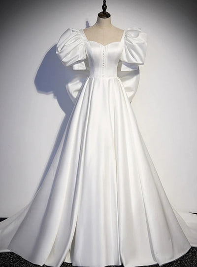 White Satin Puff Sleeve Bow Wedding Dress
