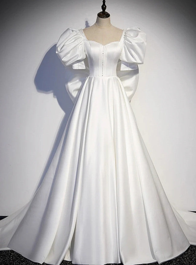 White Satin Puff Sleeve Bow Wedding Dress