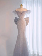 Gray Mermaid Sequins Bow Prom Dress