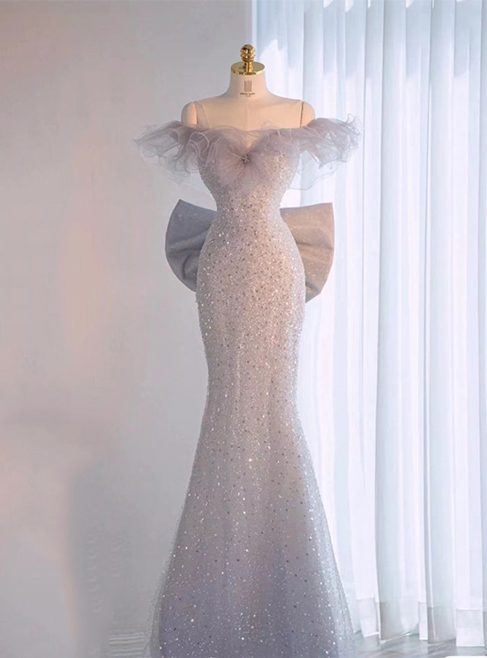 Gray Mermaid Sequins Bow Prom Dress