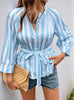 Striped Lace-up V-neck Cropped Sleeve Shirt