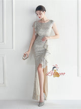 Sequins Cap Sleeve Beadin Split Prom Dress