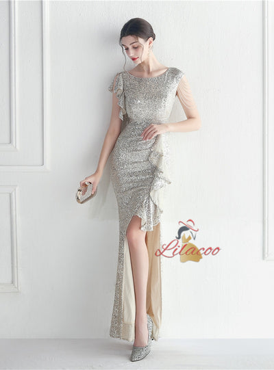 Sequins Cap Sleeve Beadin Split Prom Dress