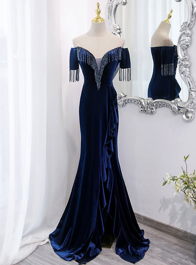 Navy Blue Velvet Beading Prom Dress