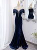 Navy Blue Velvet Beading Prom Dress