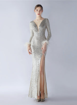 Long Sleeve Mermaid Sequins Prom Dress