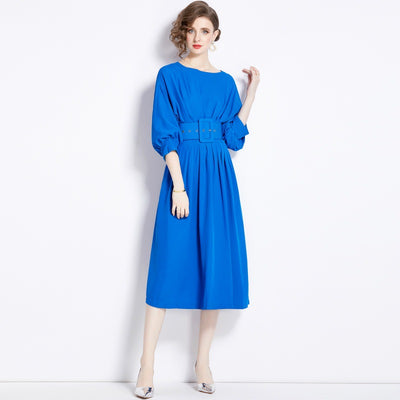 Bat Sleeve High Waist Pleated Dress with Belt