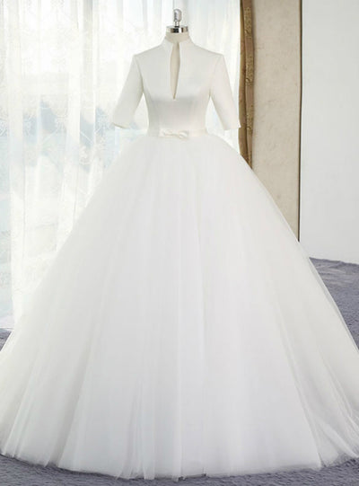 White Tulle Short Sleeve Wedding Dress With Bow
