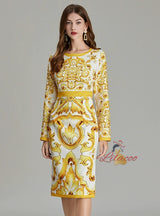 Retro Round Neck Printed Long-sleeved Slim Dress