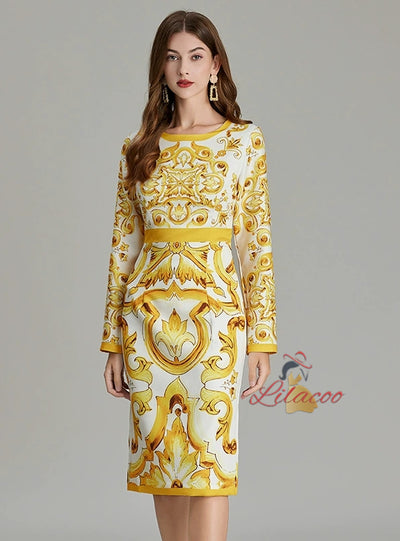 Retro Round Neck Printed Long-sleeved Slim Dress