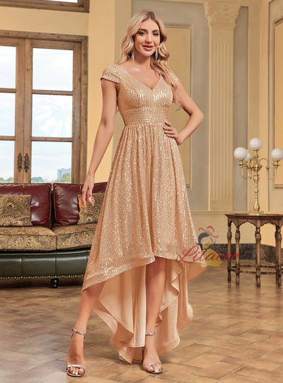 Gold V-neck Sequins Cap Sleeve Prom Dress