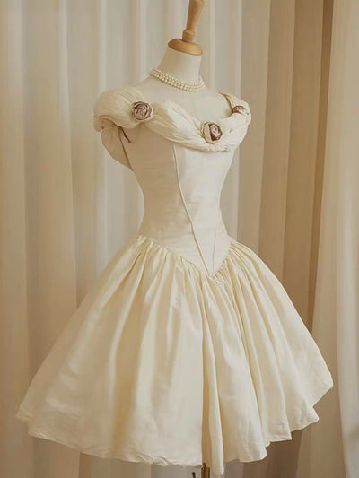 Champagne Off the Shoulder Flower Short Dress