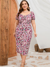 Plus Size Bubble Sleeve Printed Dress